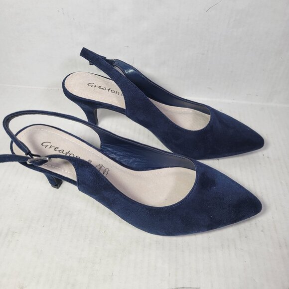 Crestbon Women Navy Blue Pointed-Toe Slingback Kitten Heel Suede Heels Size 7.5 - Picture 6 of 8